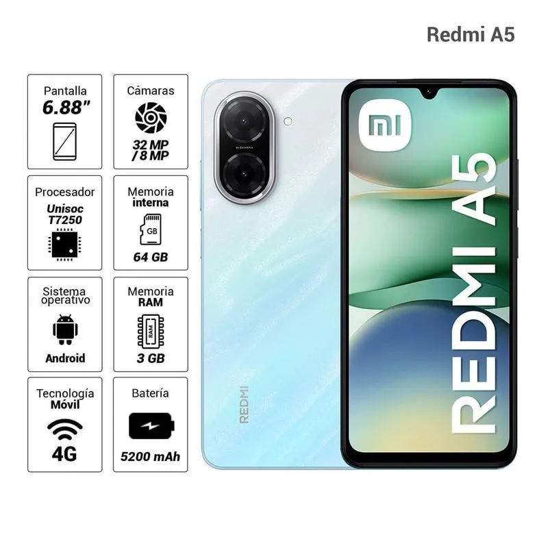 CELULAR XIAOMI REDMI A5 UNISOC T7250 3GB,64GB,6.88",ANDROID 15,BLUE